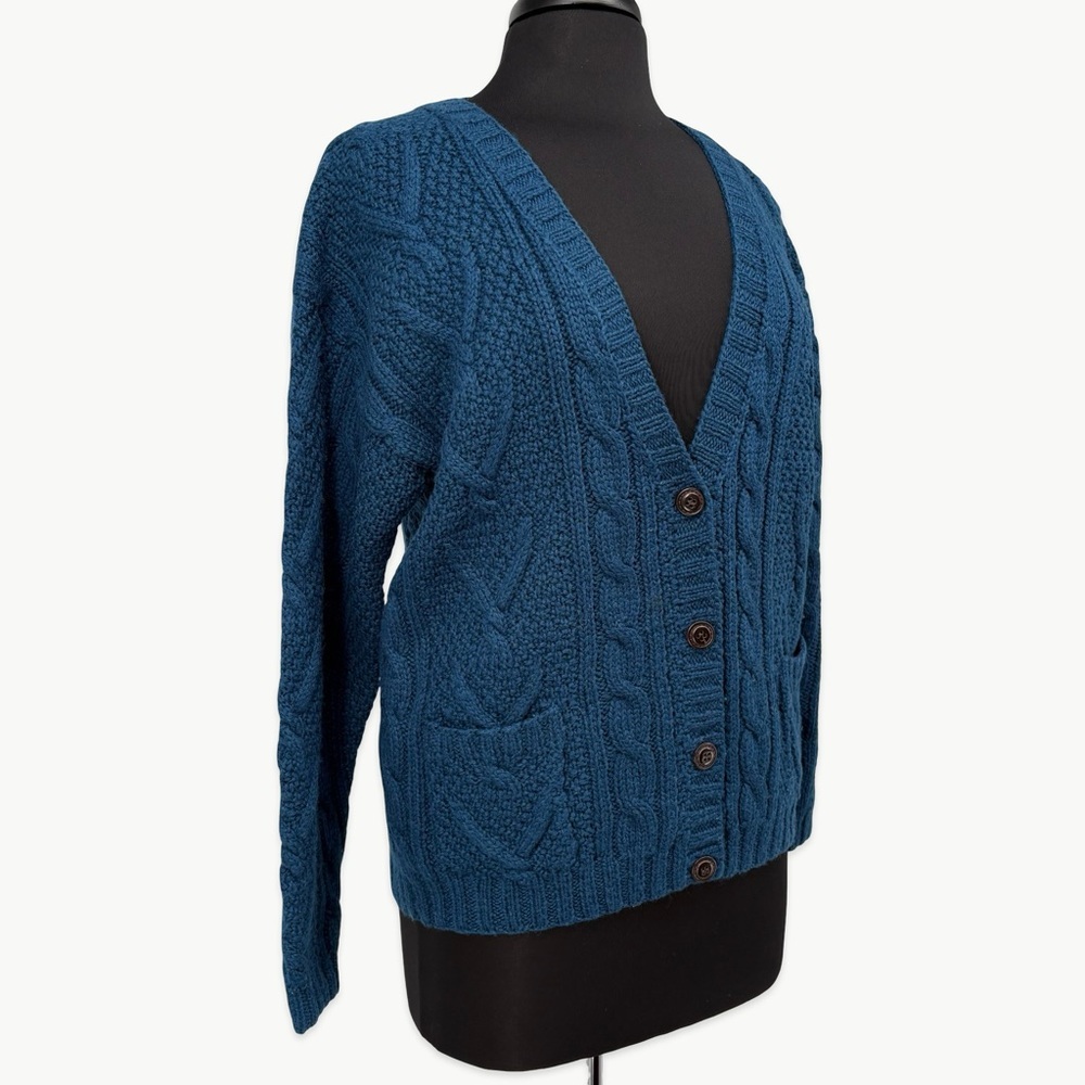 Vintage L.L. Bean Fisherman Cable Knit Wool Cardigan Sz Medium Navy 90s Classic - Picture 4 of 13
